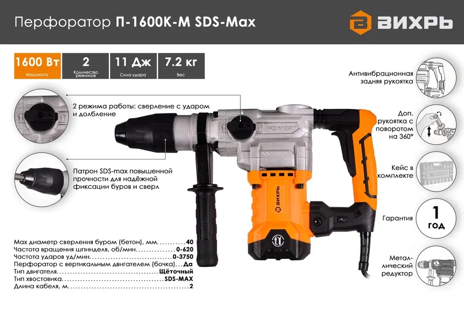 Перфоратор ВИХРЬ П-1600К-М