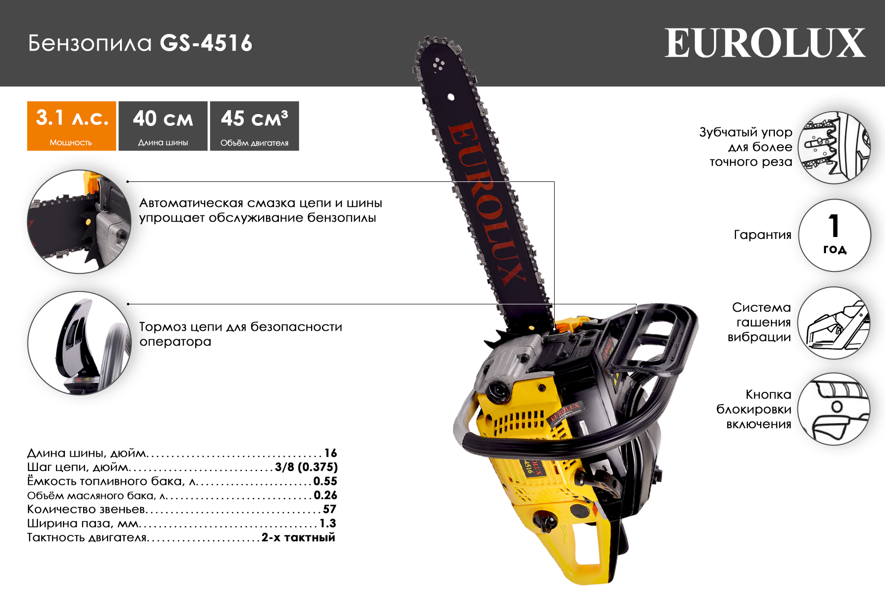 Бензиновая цепная пила Eurolux GS-4516