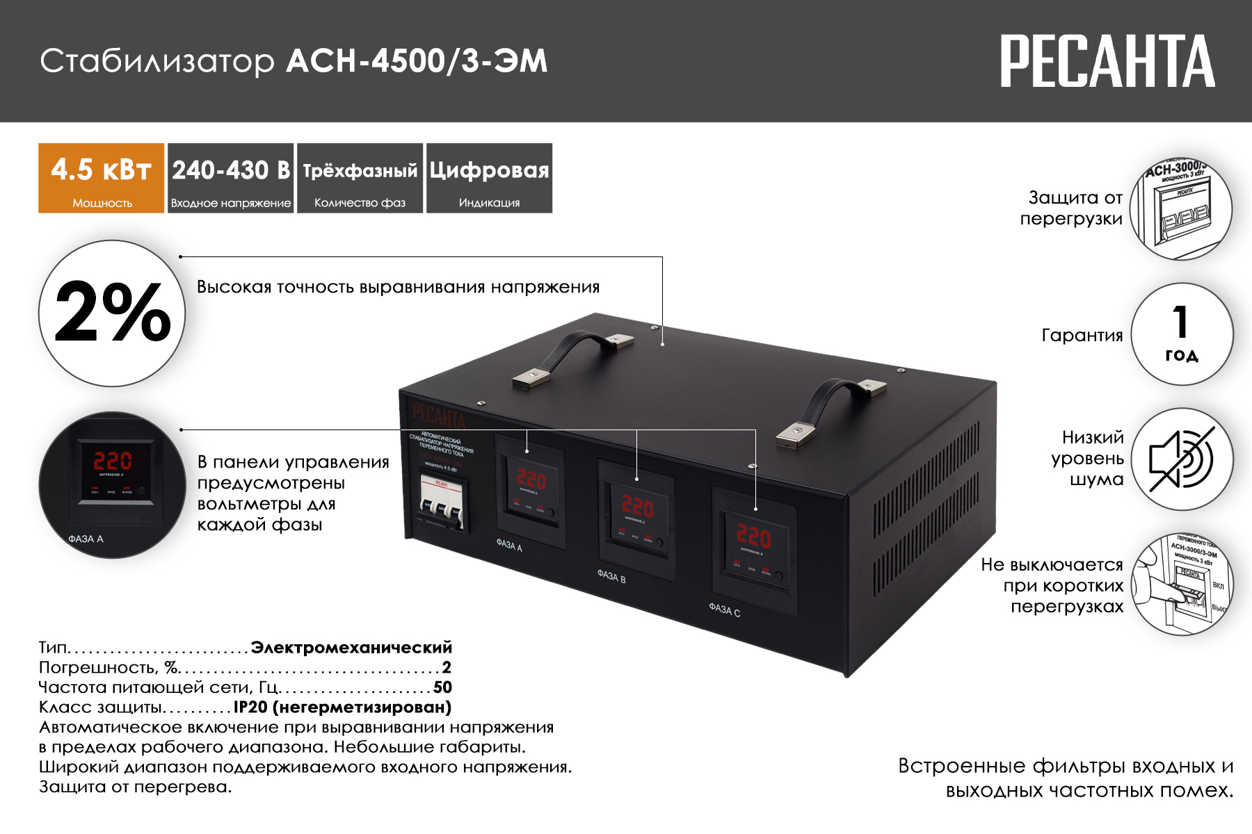Стабилизатор Ресанта АСН-4500/3-ЭМ 63/4/2