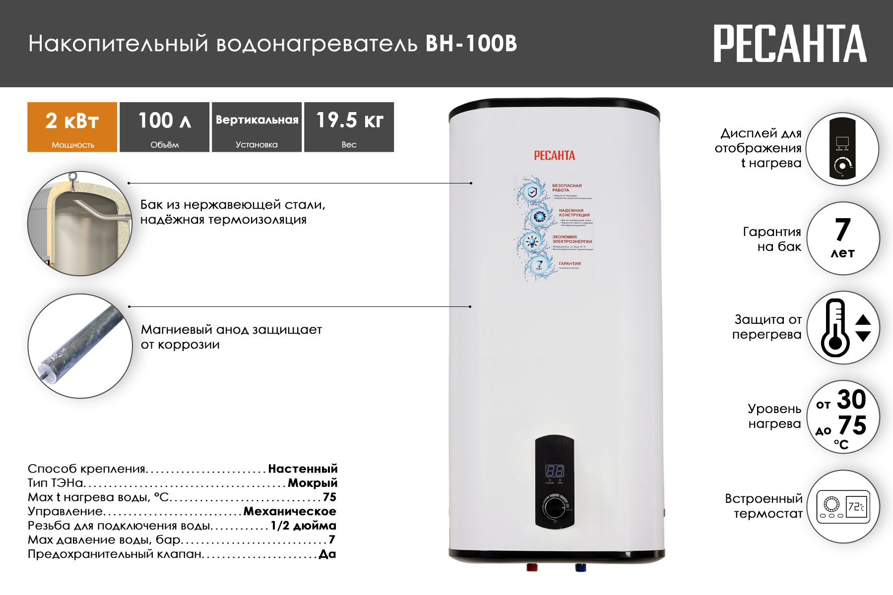 Водонагреватель накопительный Ресанта ВН-100В 74/5/4