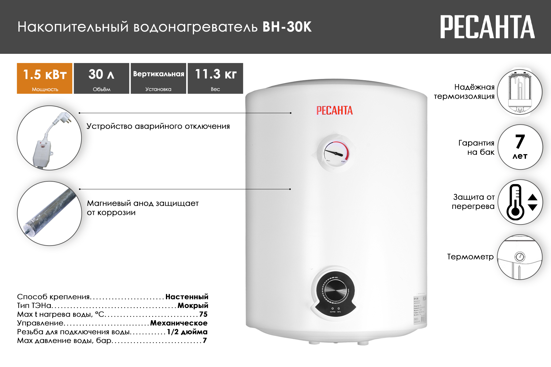 Водонагреватель накопительный Ресанта ВН-30К 74/5/13